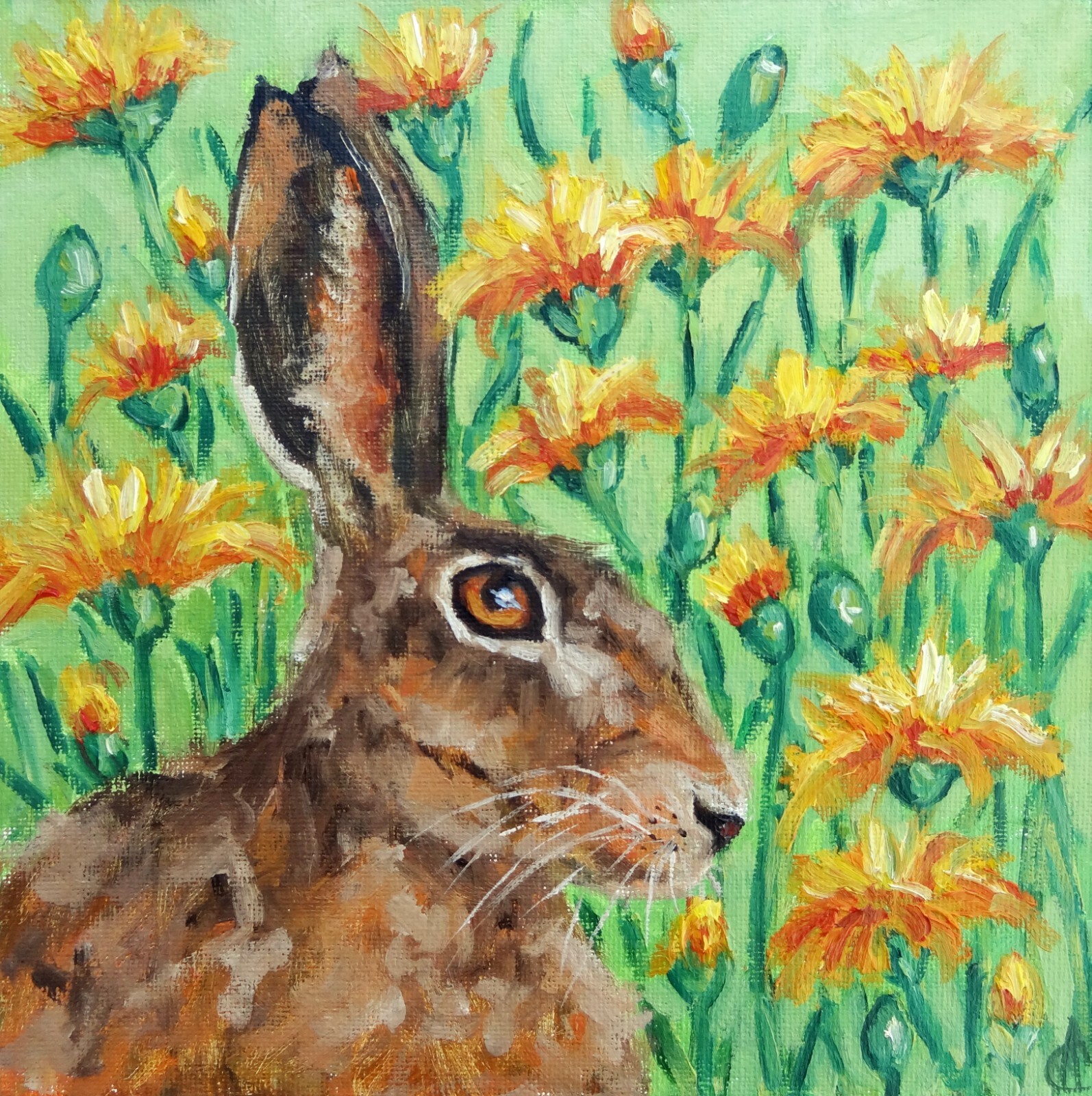 Rabbit Painting Animal Original Art 8″ by 8″ Bunny in Marigold Flower Wall Art