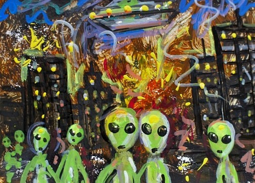 Original ACEO Painting ALIEN Spaceship Stars Fire War City Universe UFO ATC ART