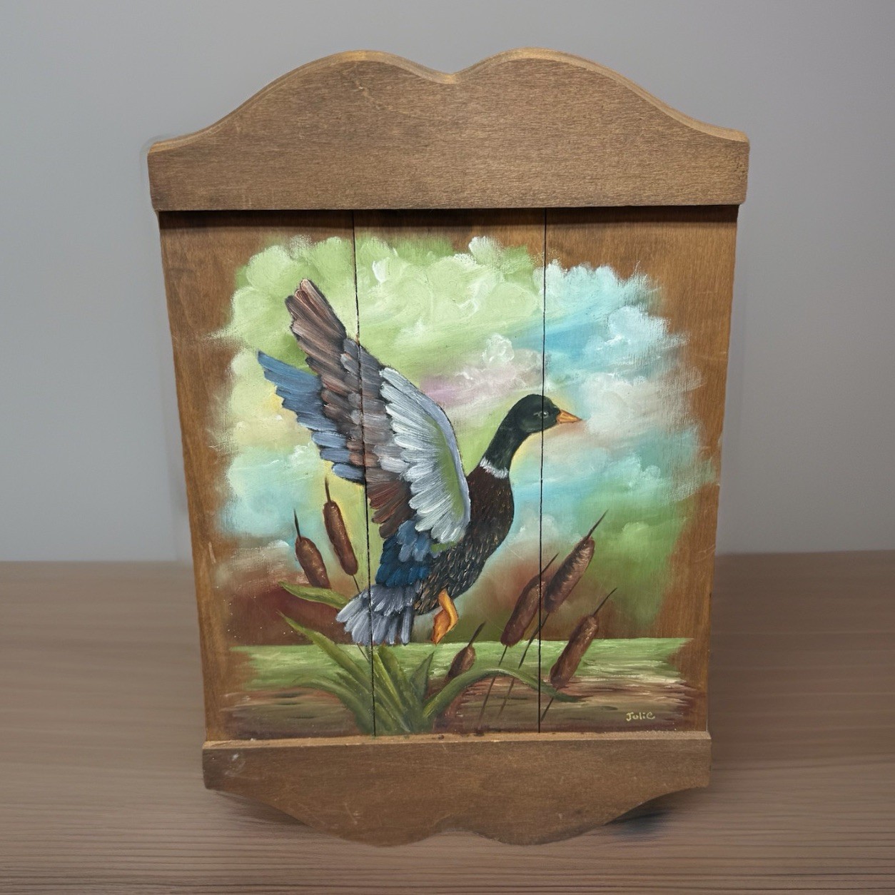 Art OIL On Wood Painting Original Plaque Duck Cattails Mallard Bird 22″ x11″ VTG