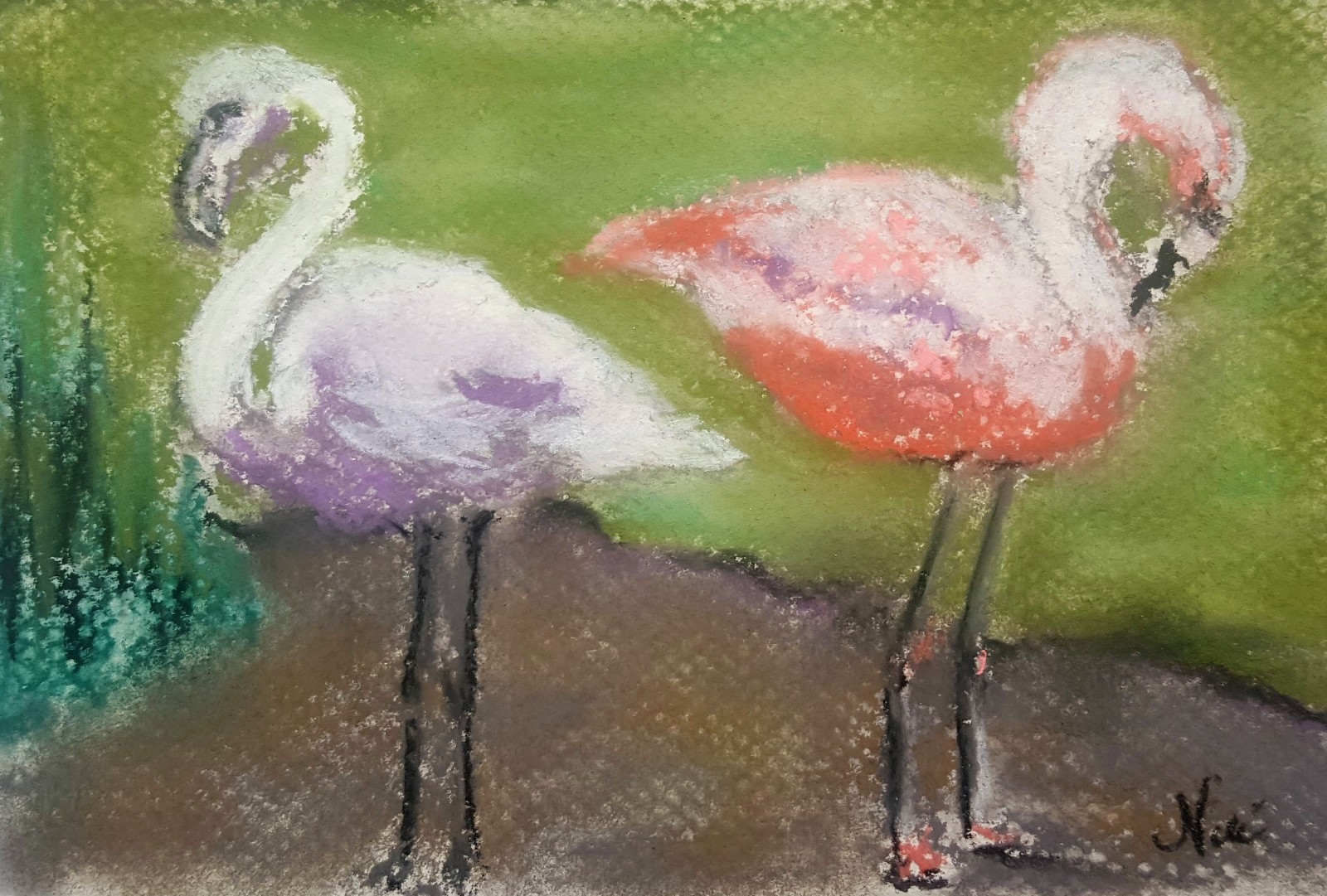 Original Handmade Flamingo Art Small Pastel Painting Wildlife Artwork