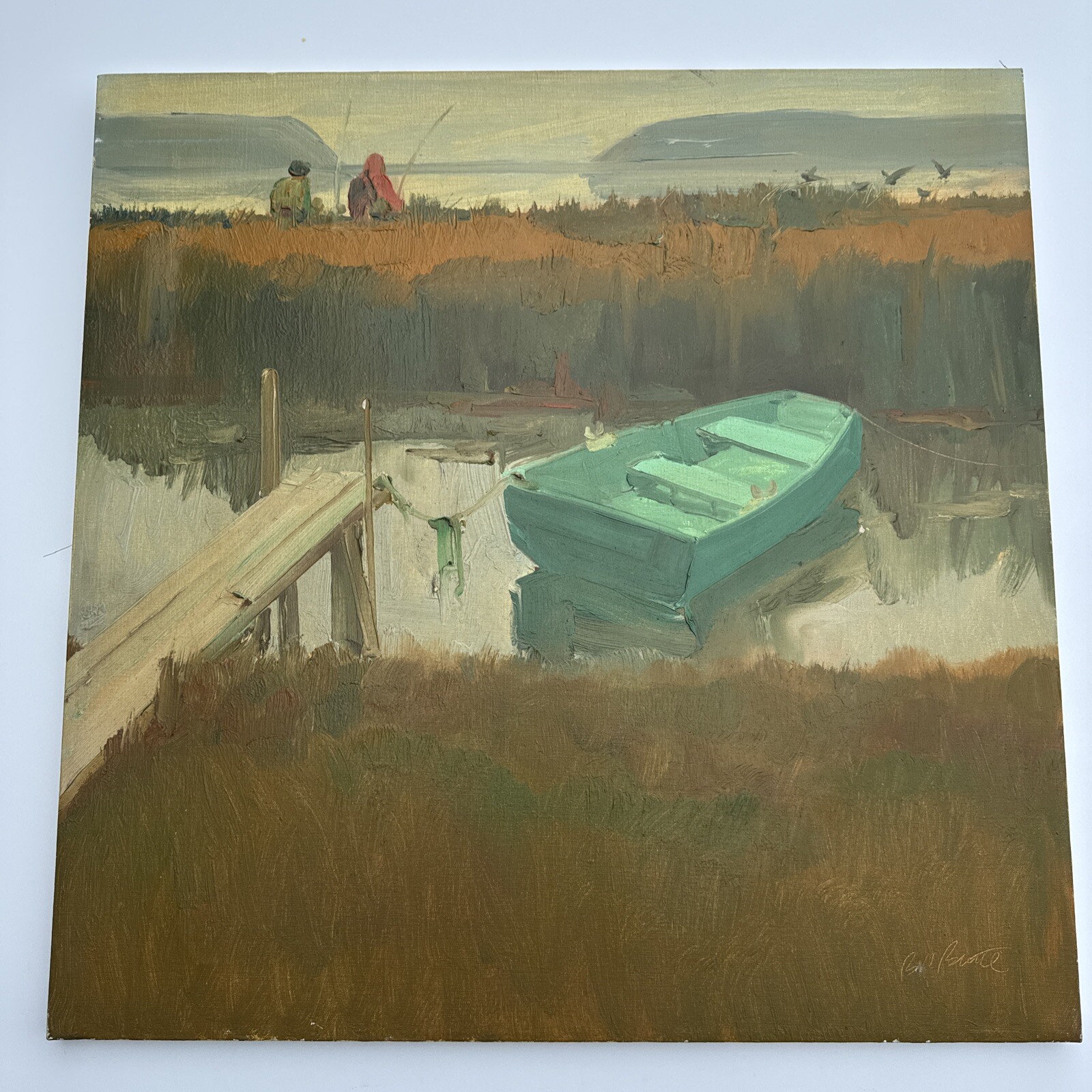 VINTAGE LANDSCAPE PAINTING FISHING FISHERMAN STEELHEADING SALMON CREEK OIL 26″