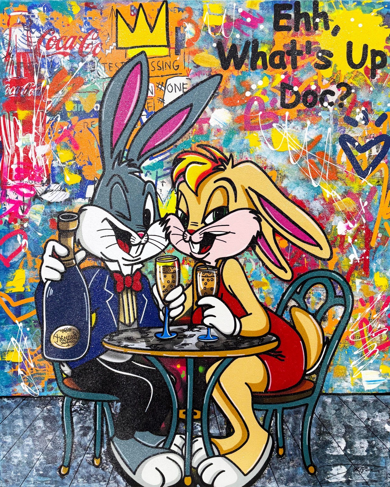 Jozza «Wine For Two» | Huge Original Painting w/ Diamond Dust 60×48″ Bugs Bunny