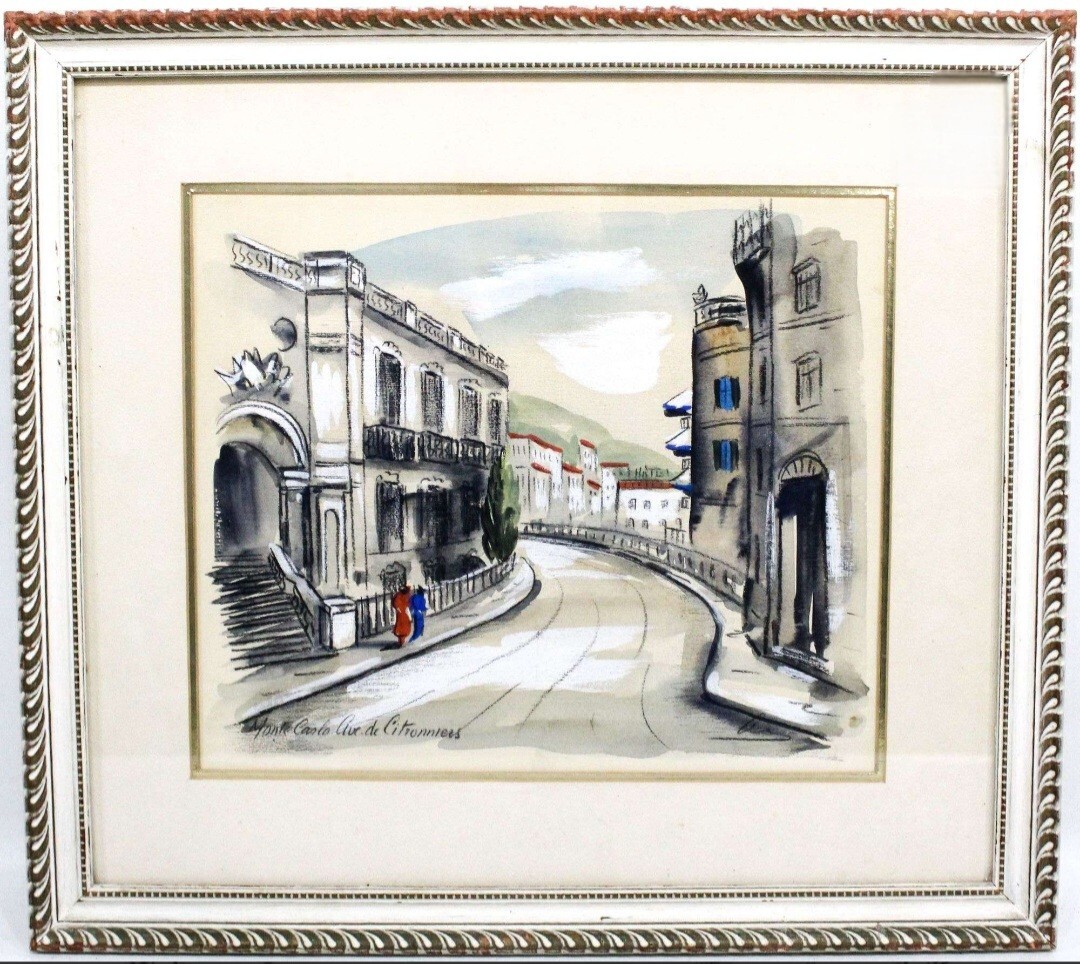 «Monte Carlo Ave. de Citronniers» Original Signed Watercolor & Charcoal 17 x 15