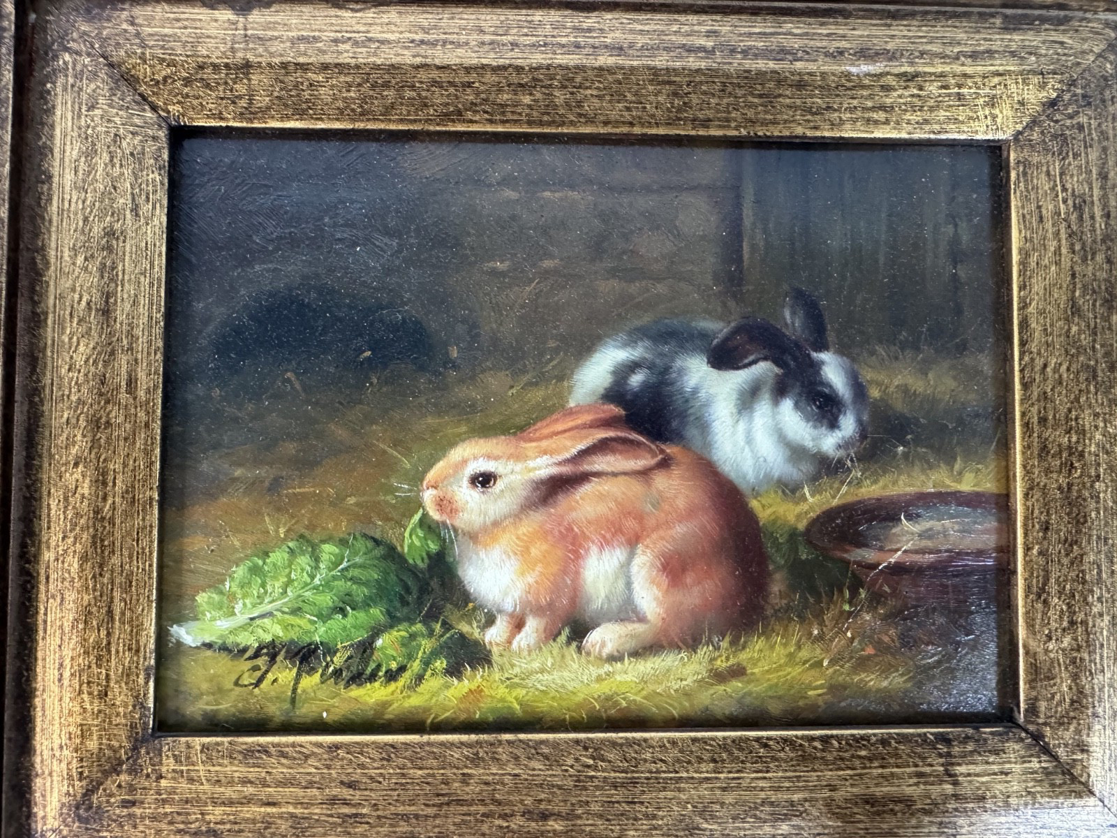 Gilded Framed Signed Medium Sized Oil Painting Bunny Rabbit’s Antique Style chic