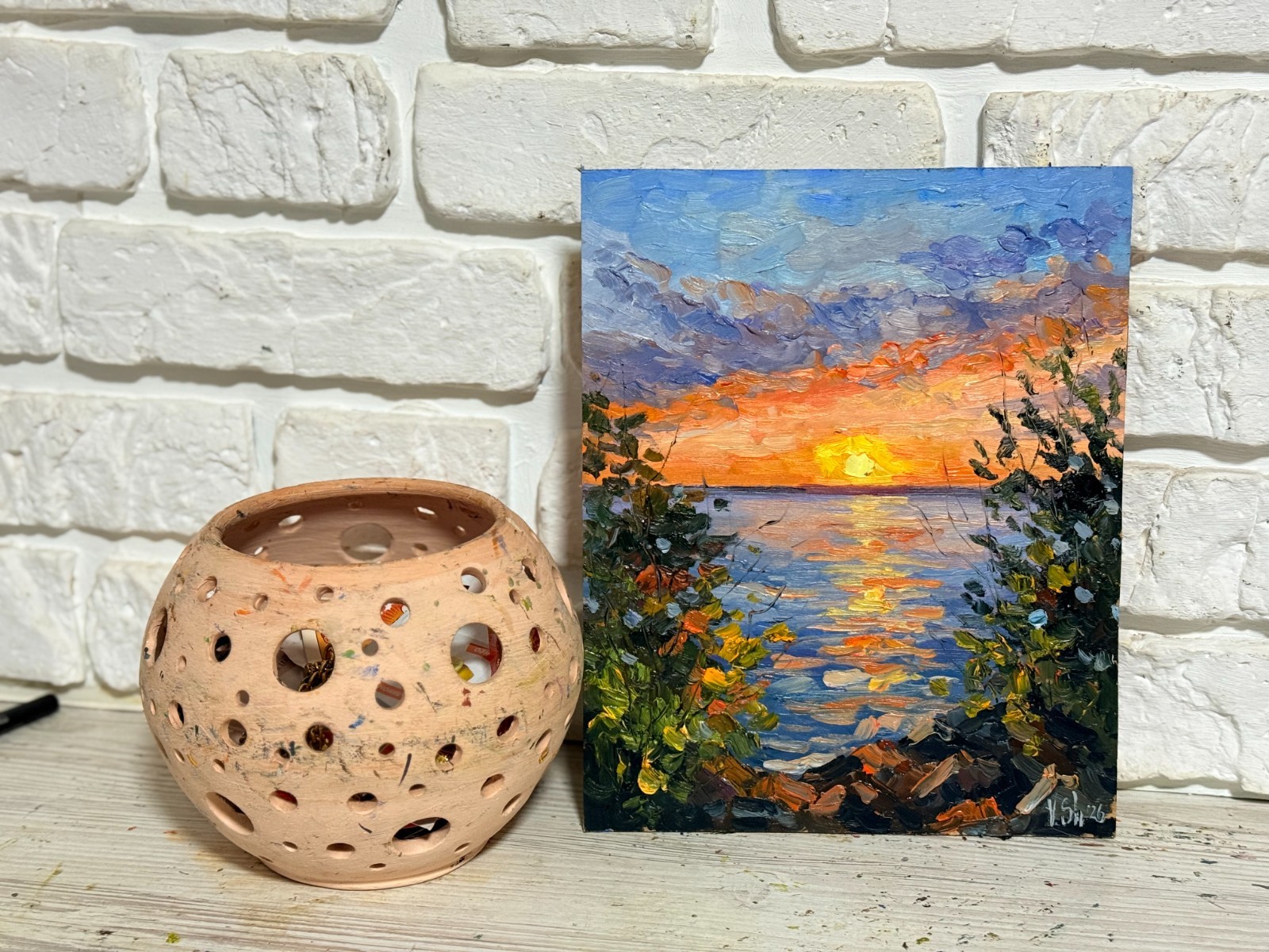 SUNSET RIVER AUTUMN LANDSCAPE ORIGINAL Impressionism Art Oil painting Signed