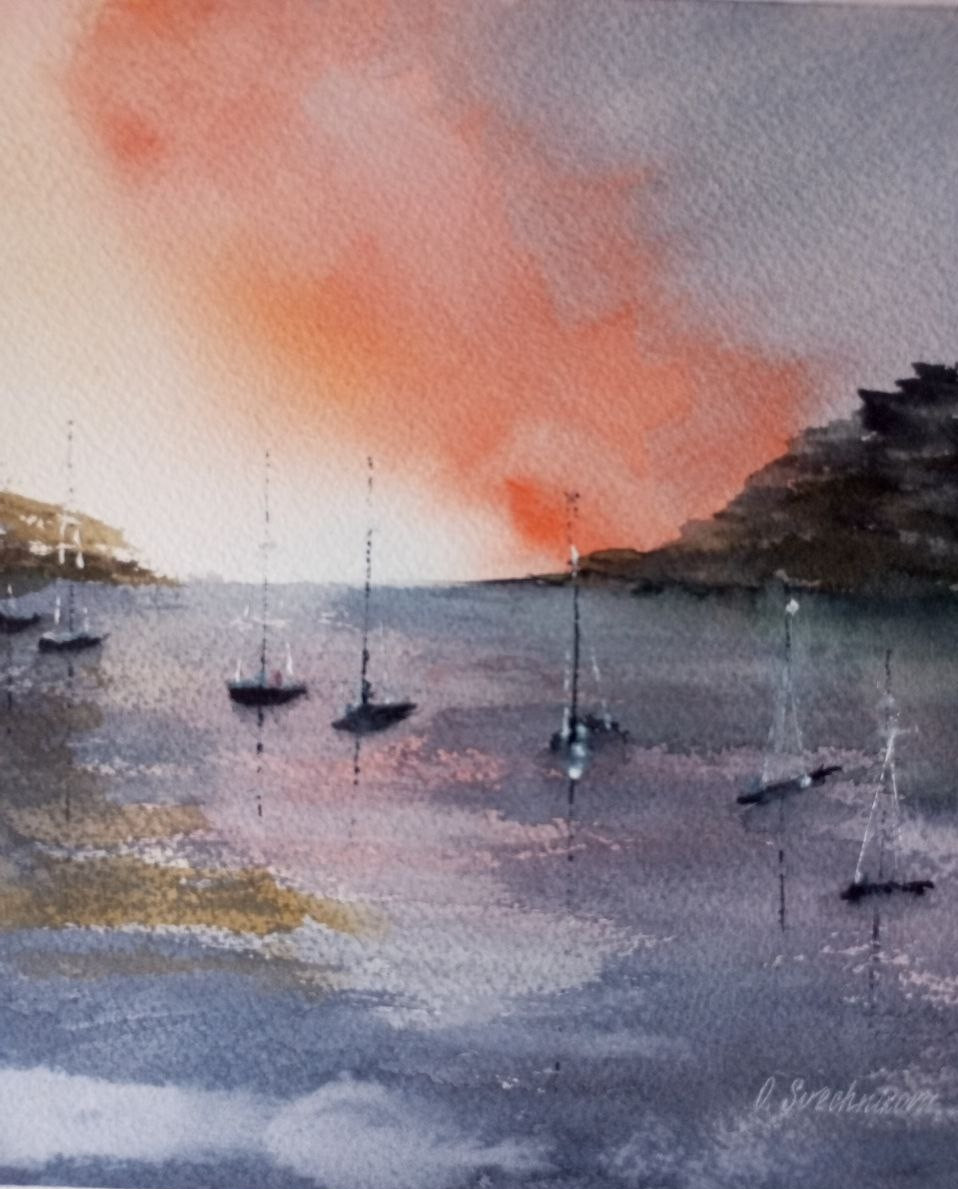 paintinwatercolor seascape quiet harbor sea sailboats beautiful sky sunrisegift