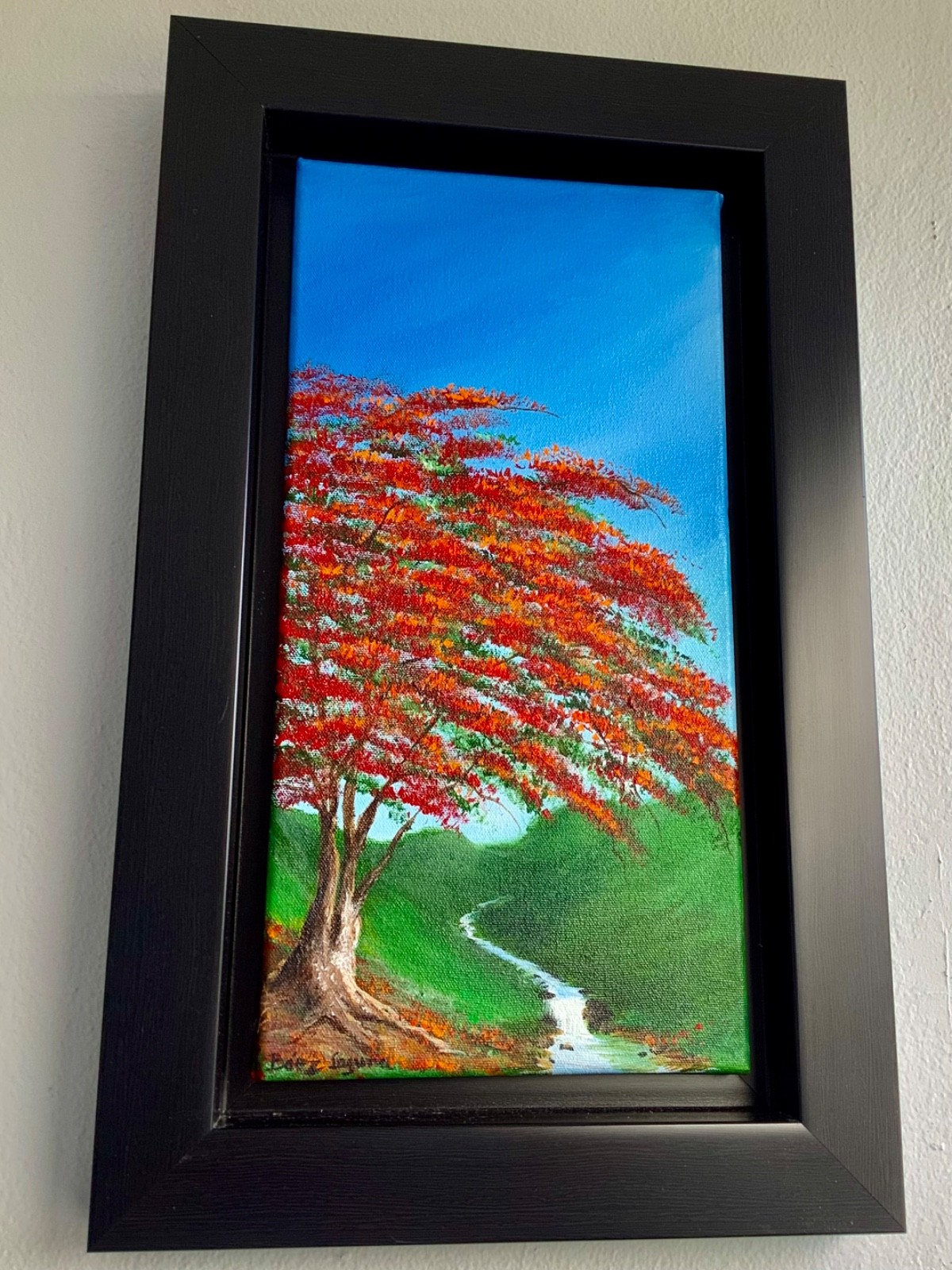 Red “Flamboyan” Tree Framed Painting Acrylic on Canvass Made in Puerto Rico.
