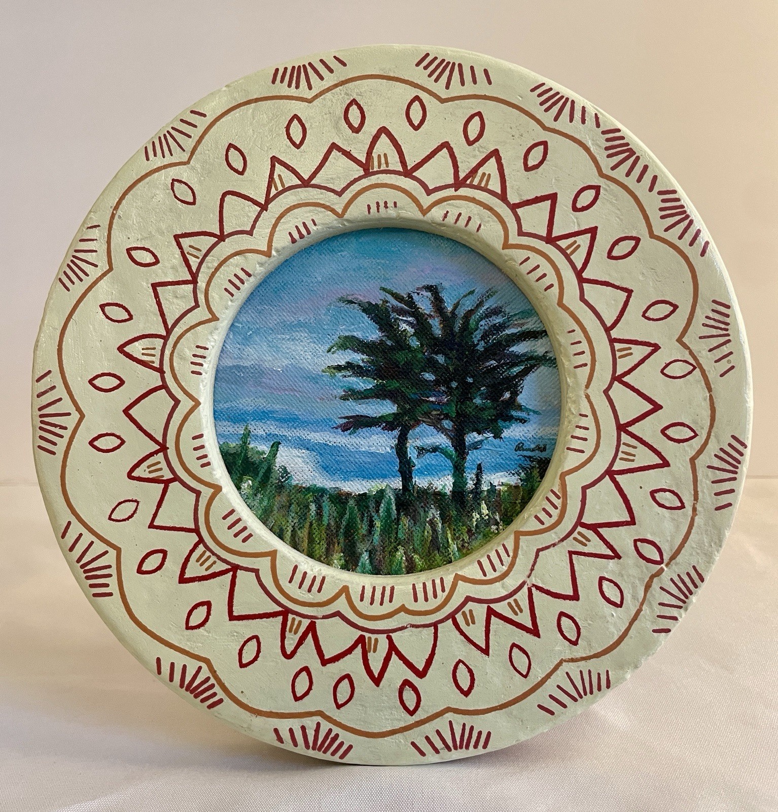 California Cypress Tree Painting Framed Round Coastal Landscape Wall Art