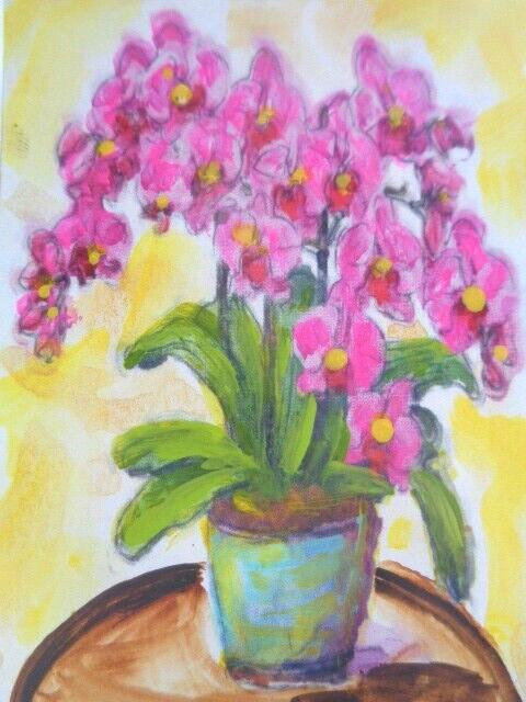 ACEO – PRETTY PINK ORCHID FLOWERS IN A VASE Still Life Painting