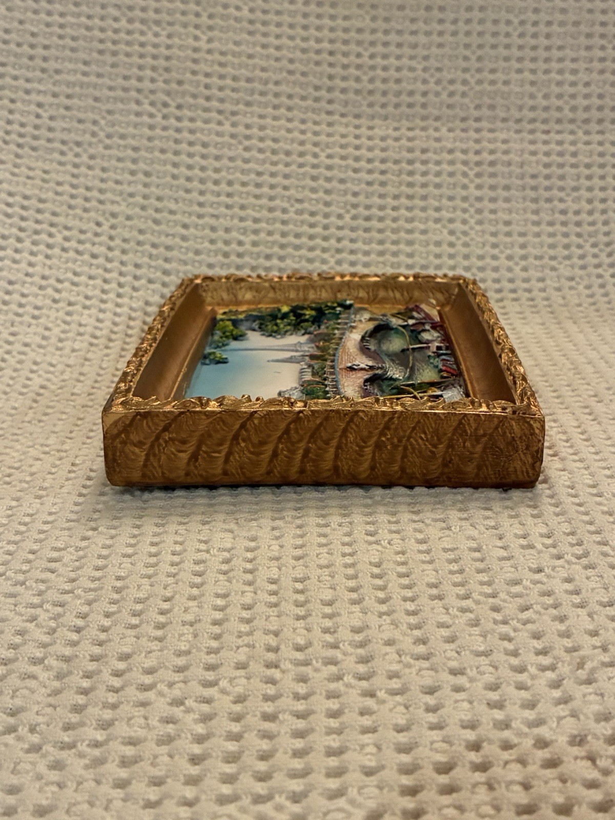 3D Painted resin &plaster relief gold “frame” Seine river Eiffel Tower Paris 5×7