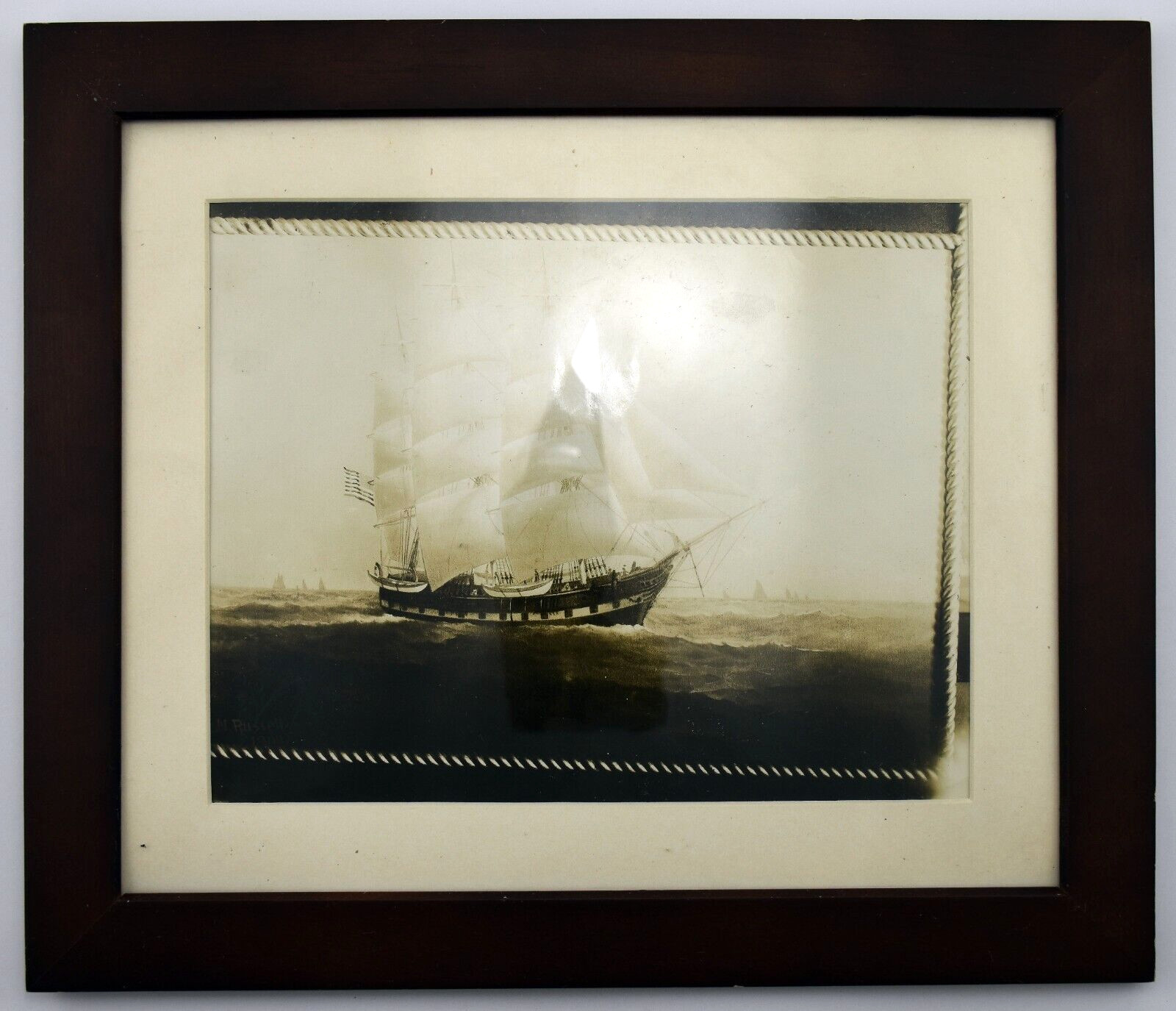 Reproduction Sailboat photograph 1905 ~ Wood Framed E.N. Russell 12″ x 14″