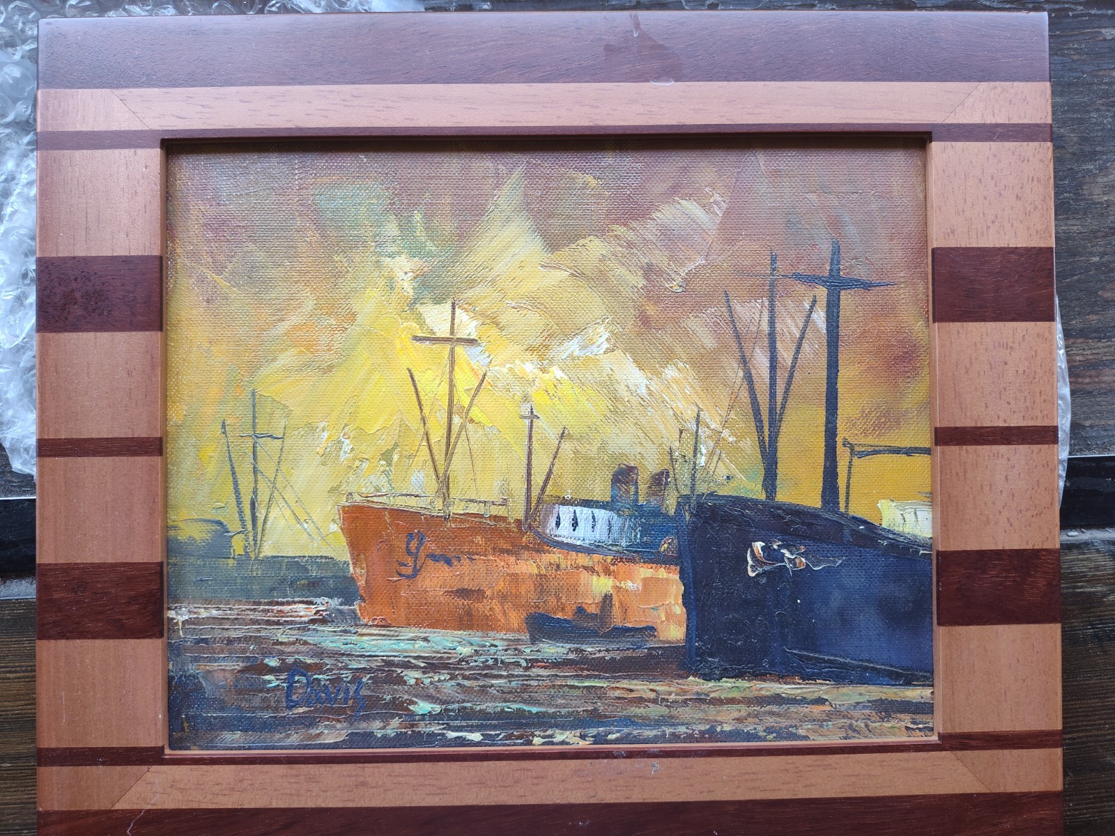 Original Oil Painting Harbor Scene Cargo Ships Striped Wood Frame 10.5″ x 12.5″