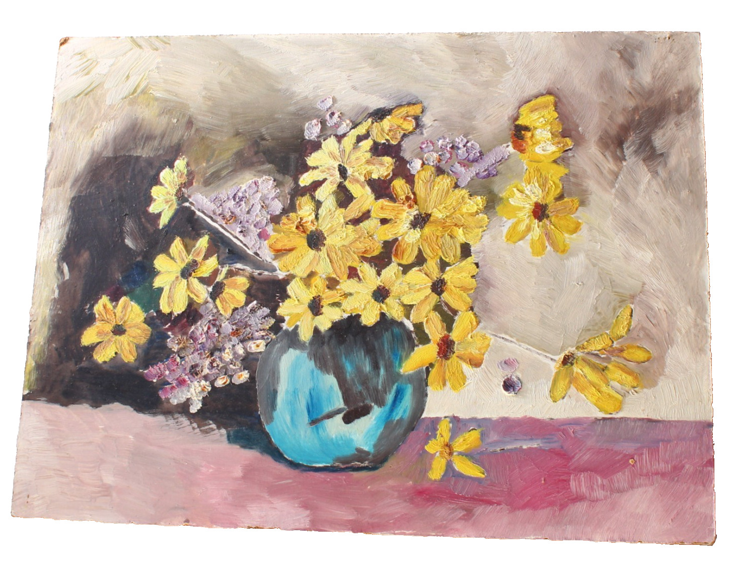 VTG Still Life Oil Painting Yellow Pink Wild Flowers in a Blue Vase 8″ X 12″