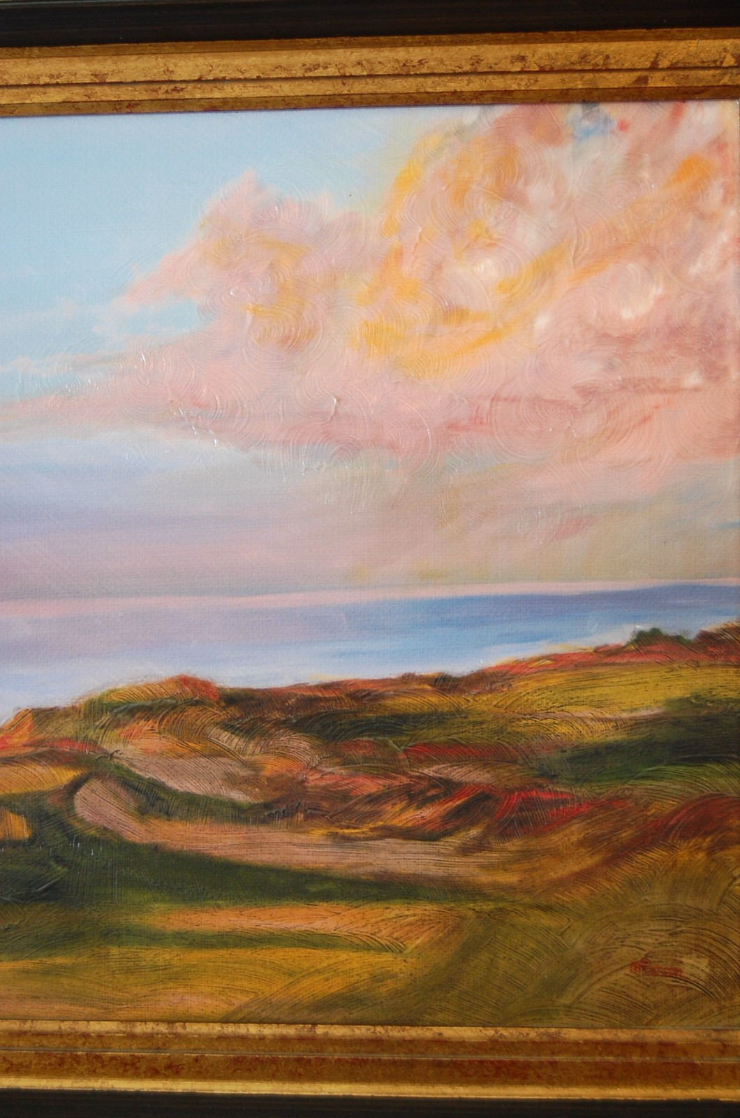 VINTAGE 1990’S FRAMED ABSTRACT OIL SEASHORE AT DUSK LANDSCAPE ARTIST: M. PEARSON