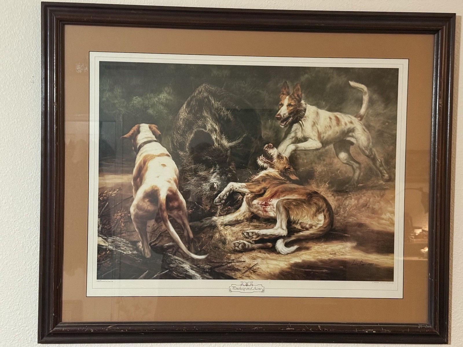 Leon Frias 1984 Linchazo en el Acoso Dog Boar Hunt Lithograph Framed 24 x 20