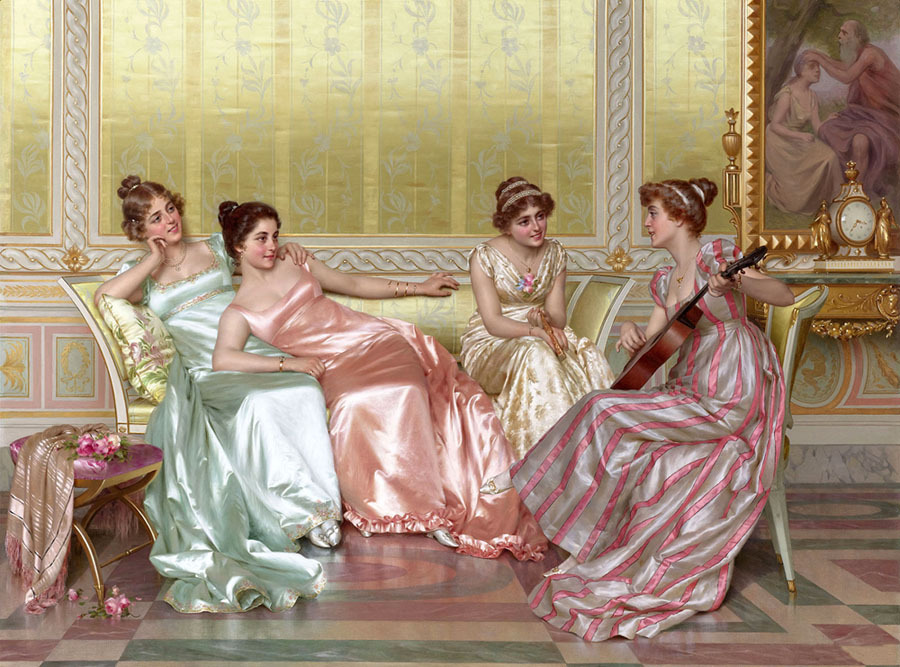 Oil painting Vittorio Reggianini – La Soiree beauties young girls party in roomA