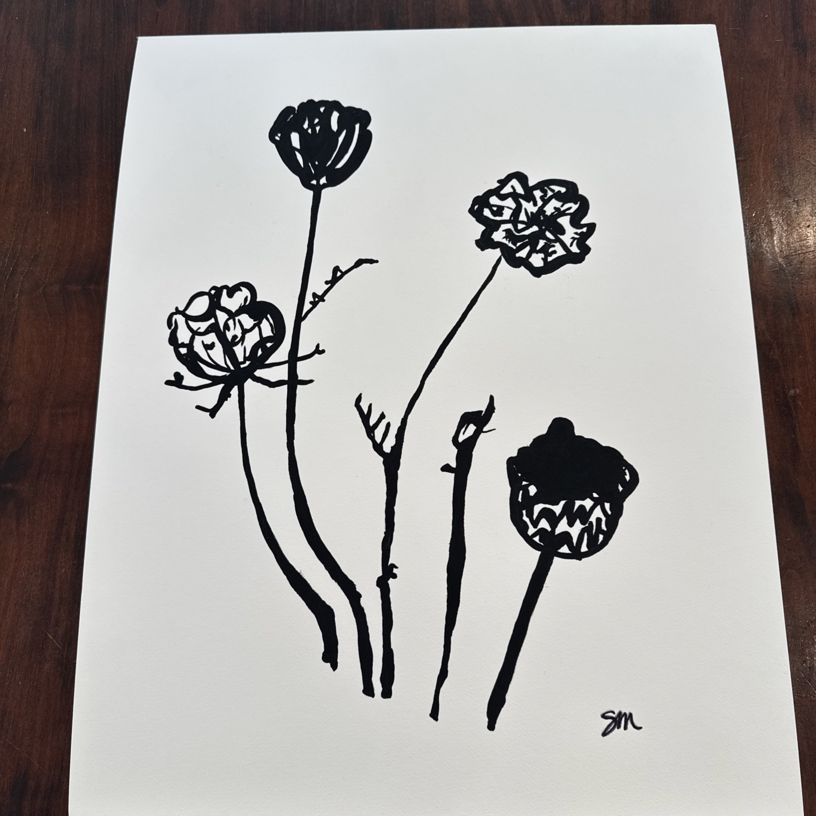 Art Painting Black & White Flowers 16x 20 Inches Wall Art Original Acrylic