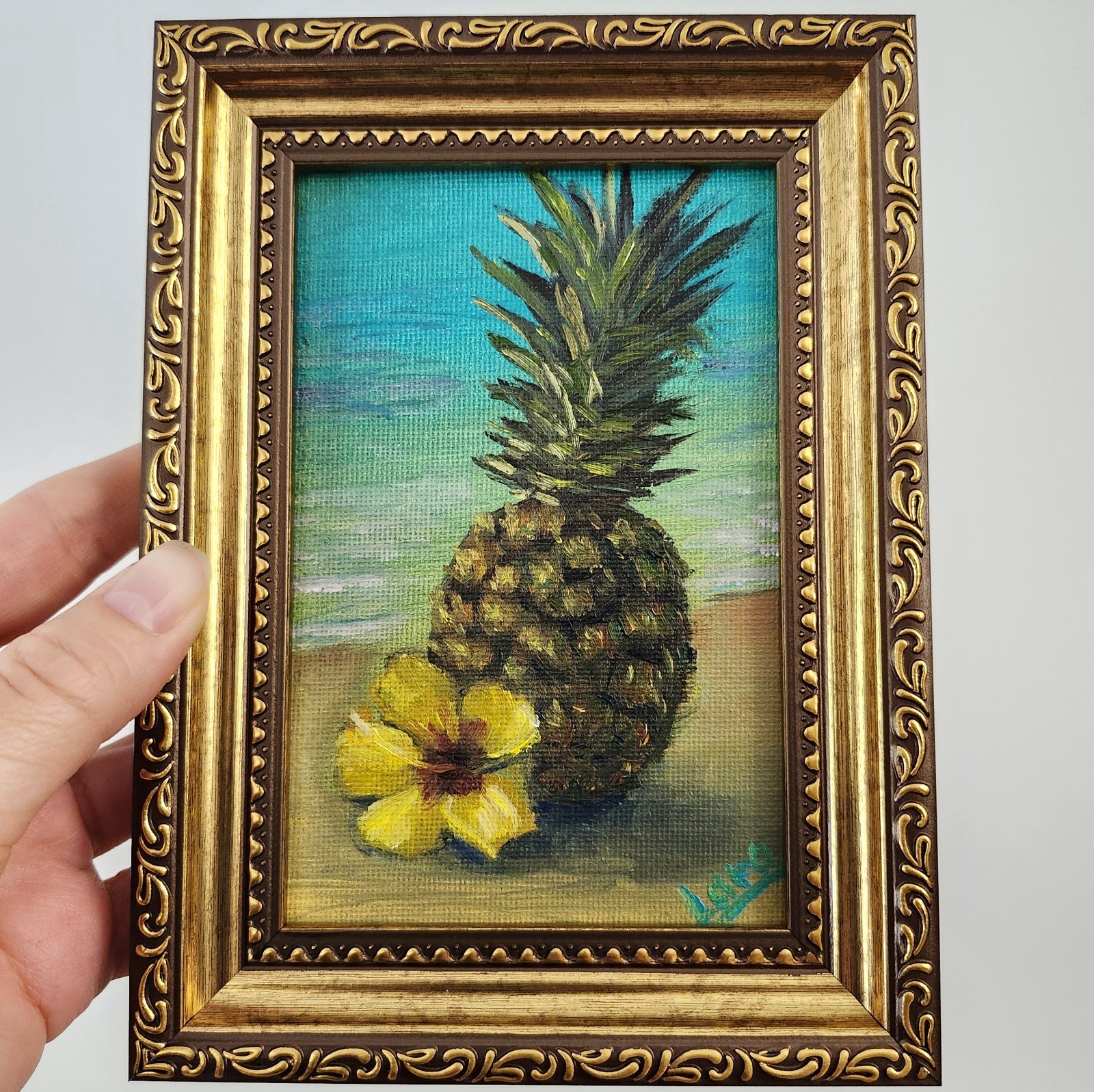 Framed Pineapple Hibiscus Original Oil Painting 4×6 Tropical Beach Signed OOAK
