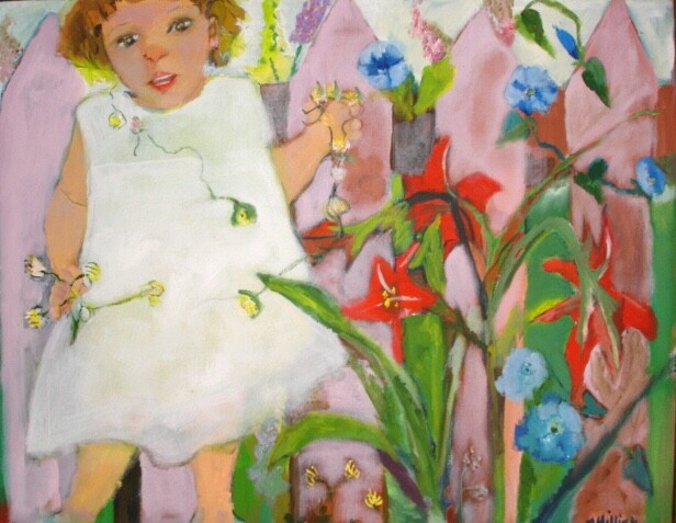 original oil painting Girl In The Garden children 22×28 Inches Mary Hillier
