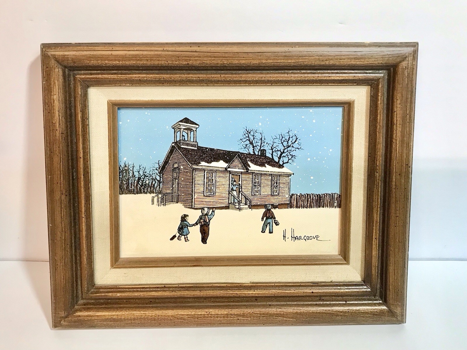 Signed H. Hargrove 8.25” x 10.25” Framed Oil Painting School House Winter Scene