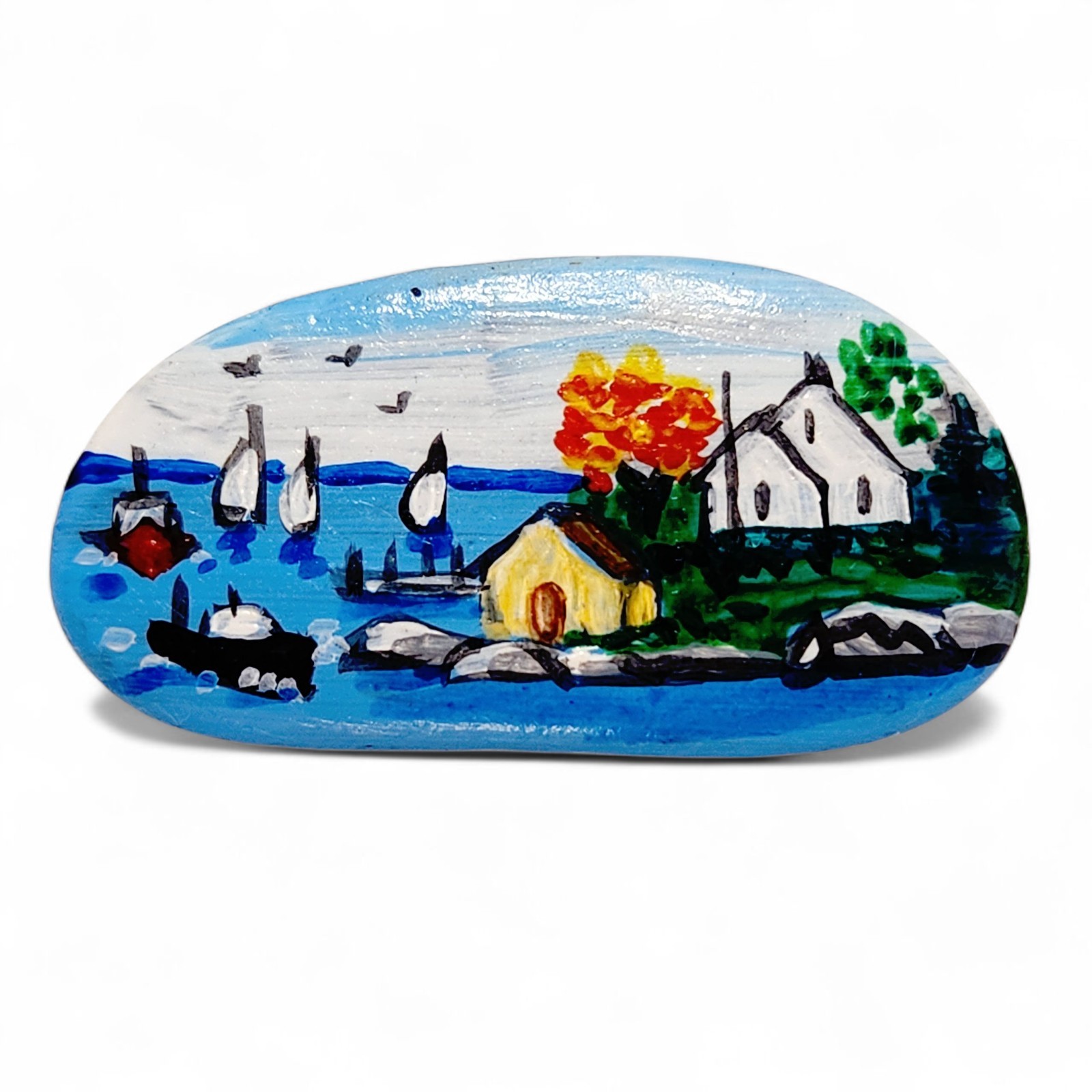 Handpainted Beach Rock Stone Coastal Ocean Boats Folk Art Fall Brooch Pin 1.72″