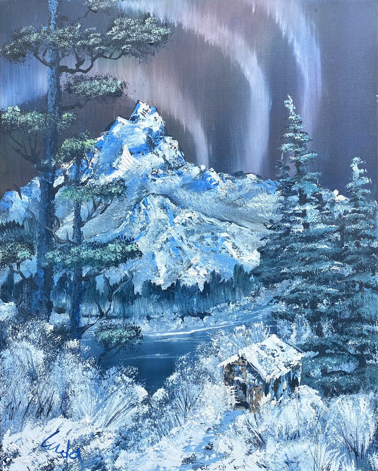Northern Lights Aurora Borealis Winter Landscape Oil Painting on Canvas 30×24 in
