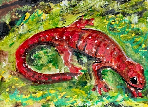 ORIGINAL ACEO Painting SALAMANDER Amphibian Spring Animal Nature Moss ATC ART