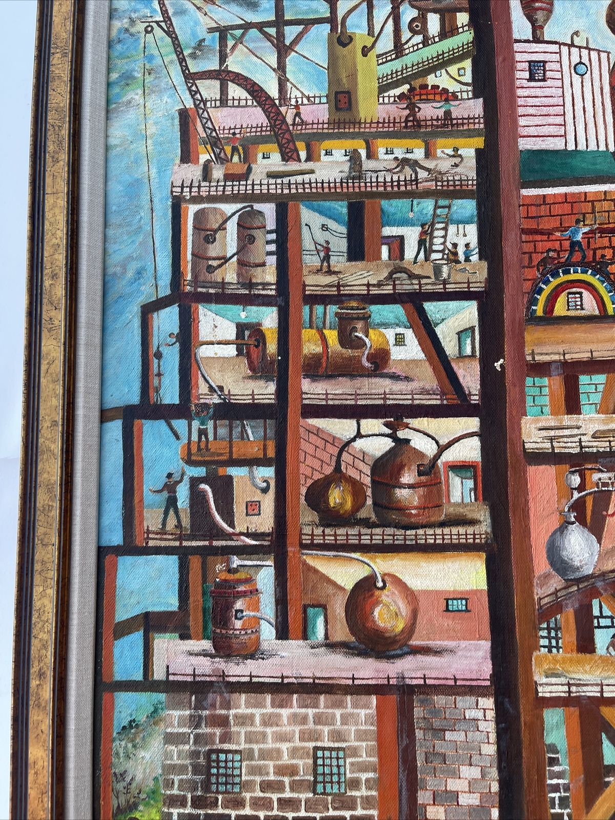 Vintage Industrial Painting Construction Workers Factory Urban Modernism Listed