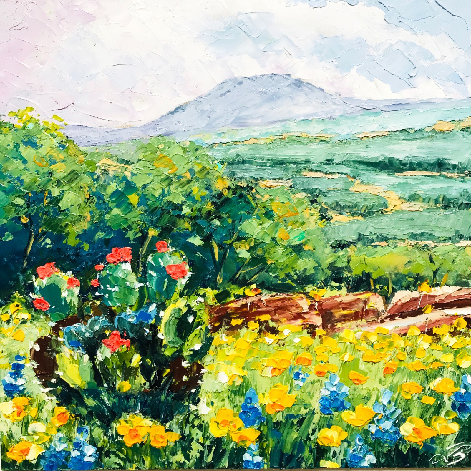 Impasto Oil Painting Wildflower Western Decor Texas Hill Country Art Cactus 8×8″