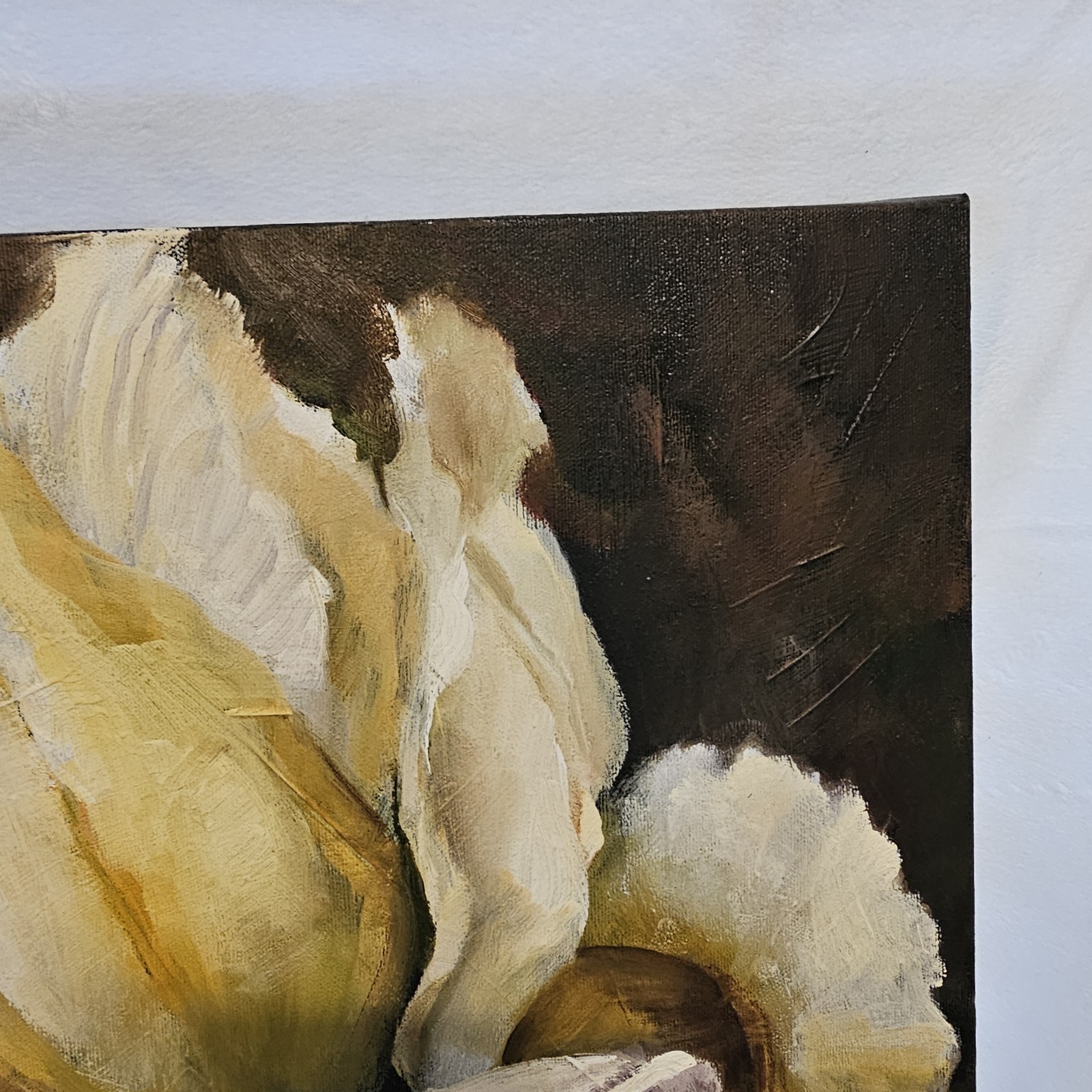 Iris Flower White Yellow Oil Painting Canvas Unsigned 20x20in Mounted On Wood