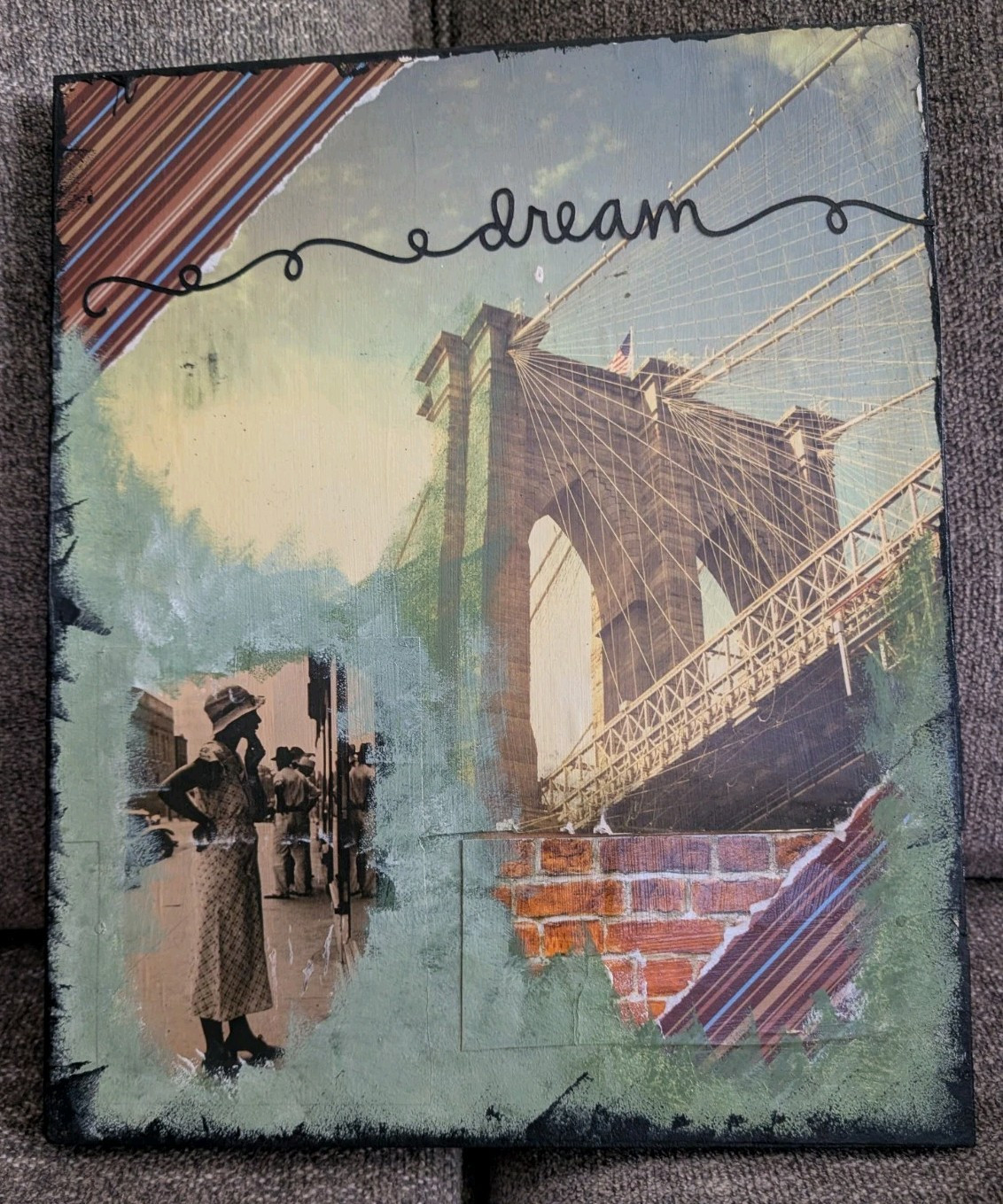 KMartinez Brooklyn Bridge Mixed Media Photo/Hand Painted Canvas Board 12×12