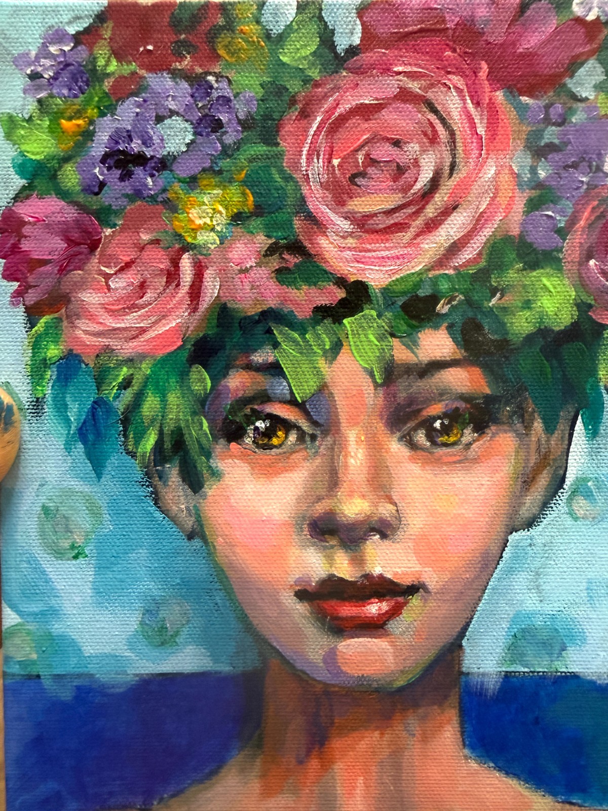 Original Floral Portrait Painting Woman w/ Flower Crown Acrylic 8×10 OOAK Signed