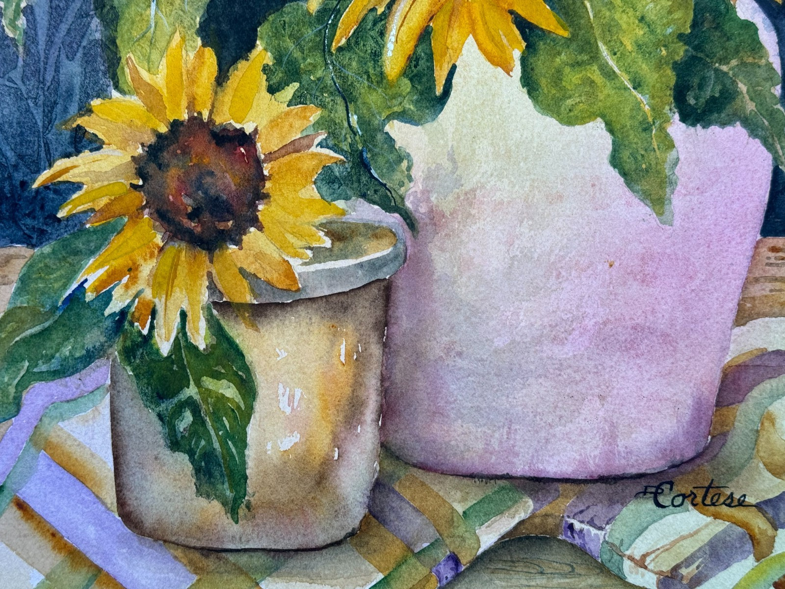 D. CORTESE SIGNED WATERCOLOR PAINTING SUNFLOWERS IN POTS STILL LIFE ORIGINAL ART