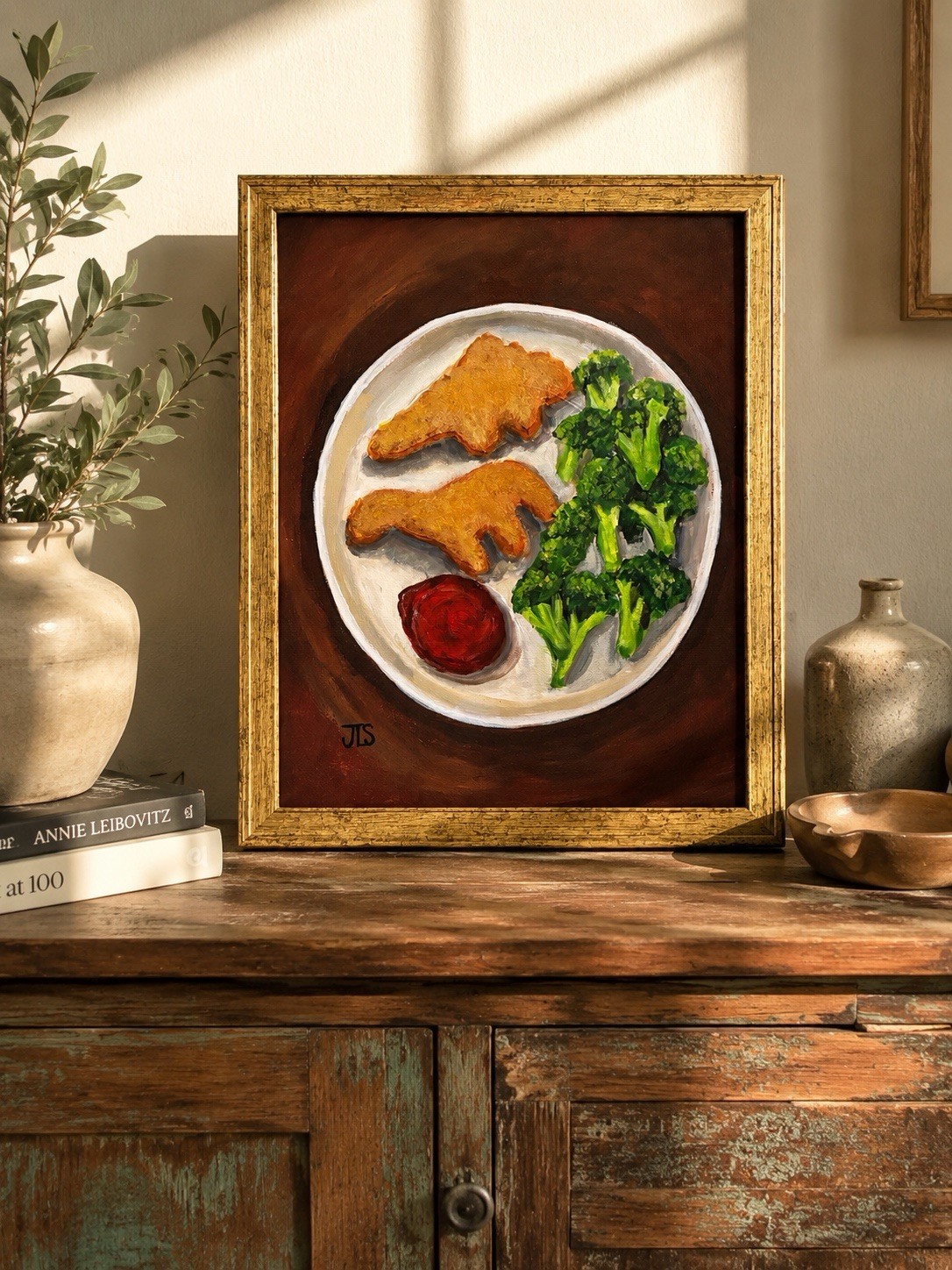 Dinosaur Chicken Nuggets Original Still Life Painting Framed 11×14