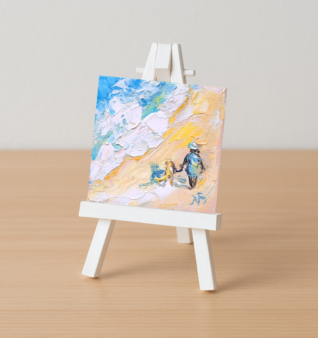 Woman and Dog Oil Painting on Canvas 3×3 with Easel Beach Miniature Artwork