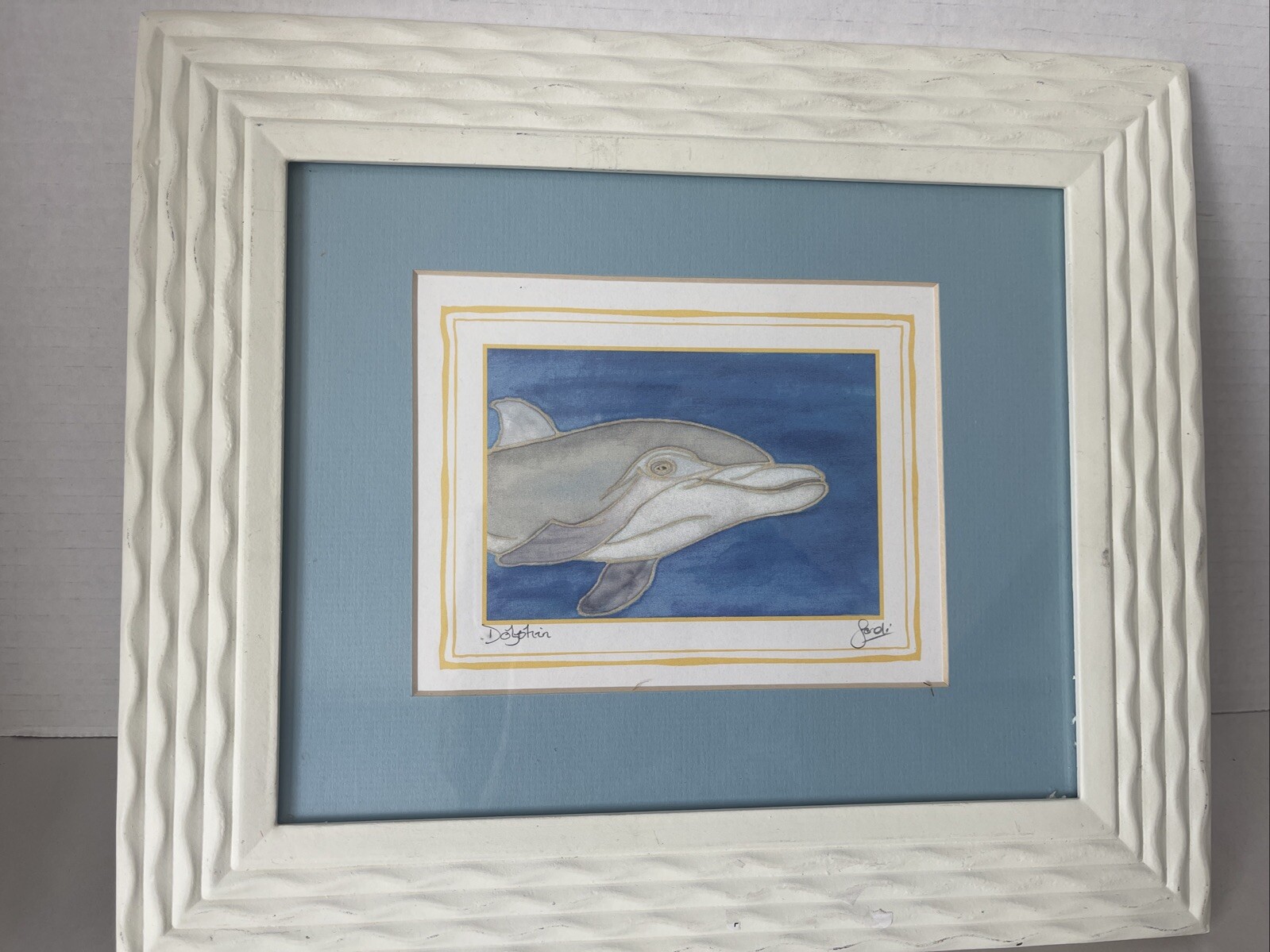 Dolphin Painting Signed Nautical Theme Watercolor Decor Matted Framed 13×11”