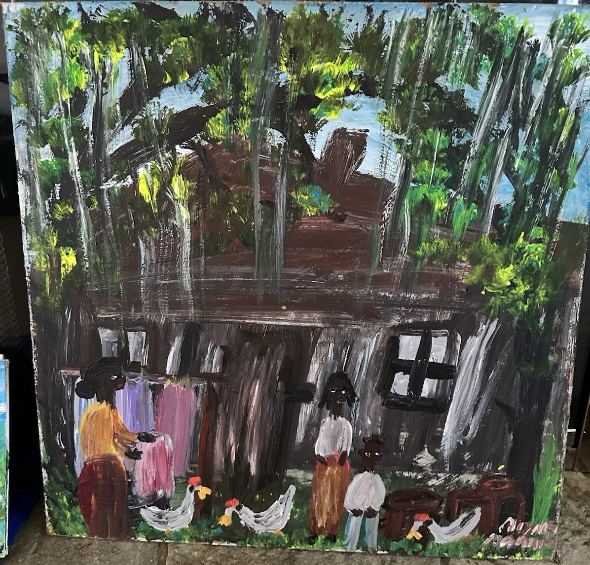 Large Alyne Harris Signed Original Folk Art Painting on fiberboard 24”x24”