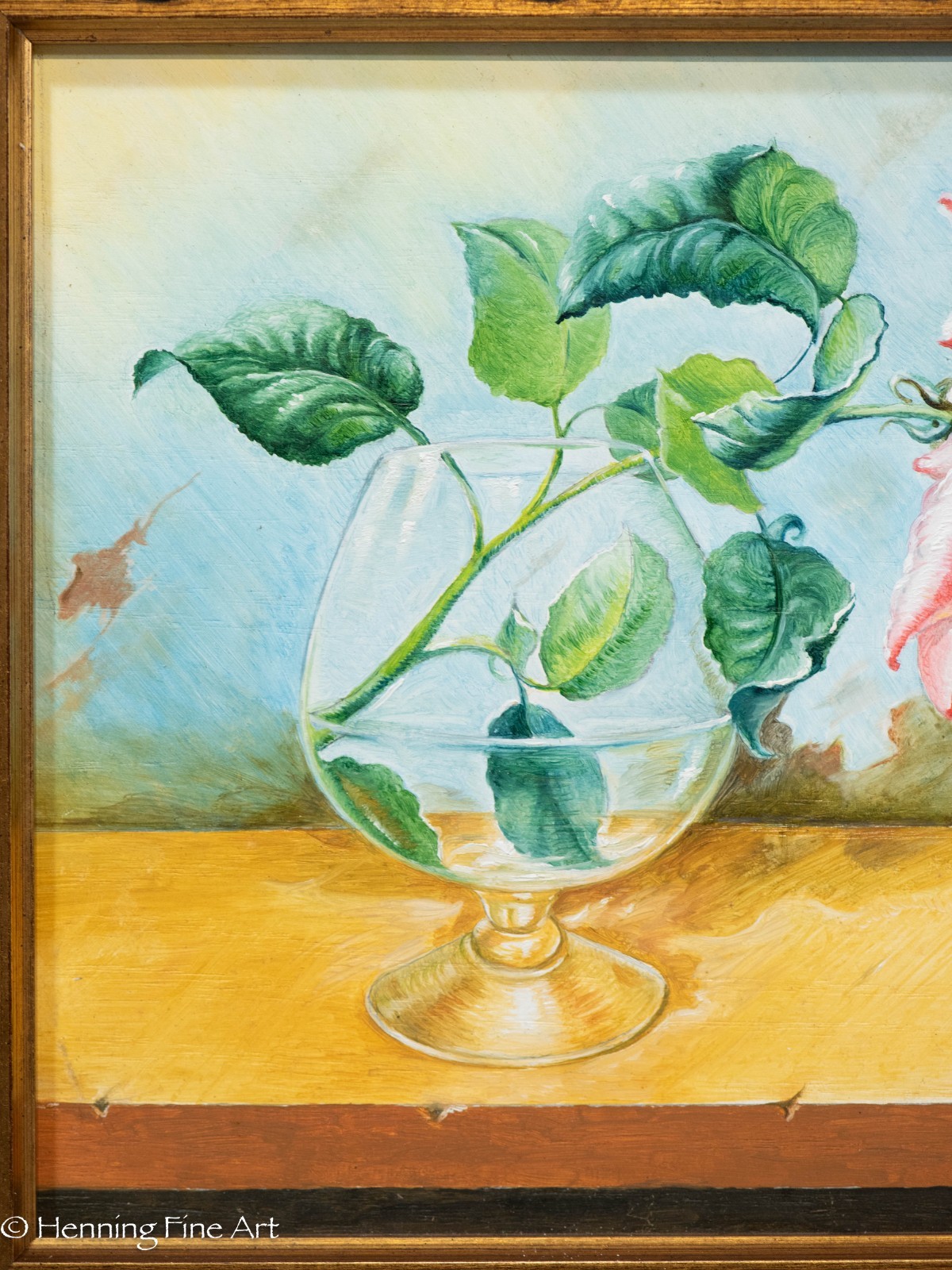 Stunning Oil Painting of Pink Rose in Glass Illegibly Signed, Fine! 16×18″