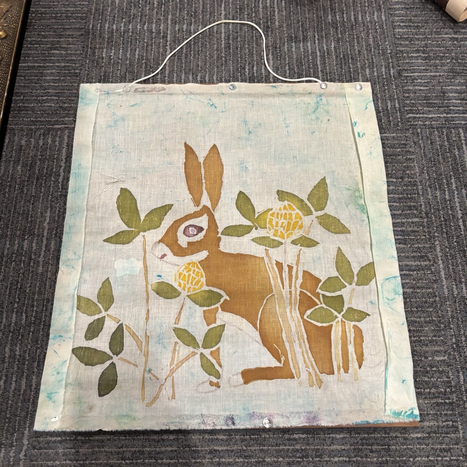 VINTAGE BATIK SILK FABRIC PAINTING Bunny Rabbit MCM TEXTILE FOLK ART 18 X 25 in