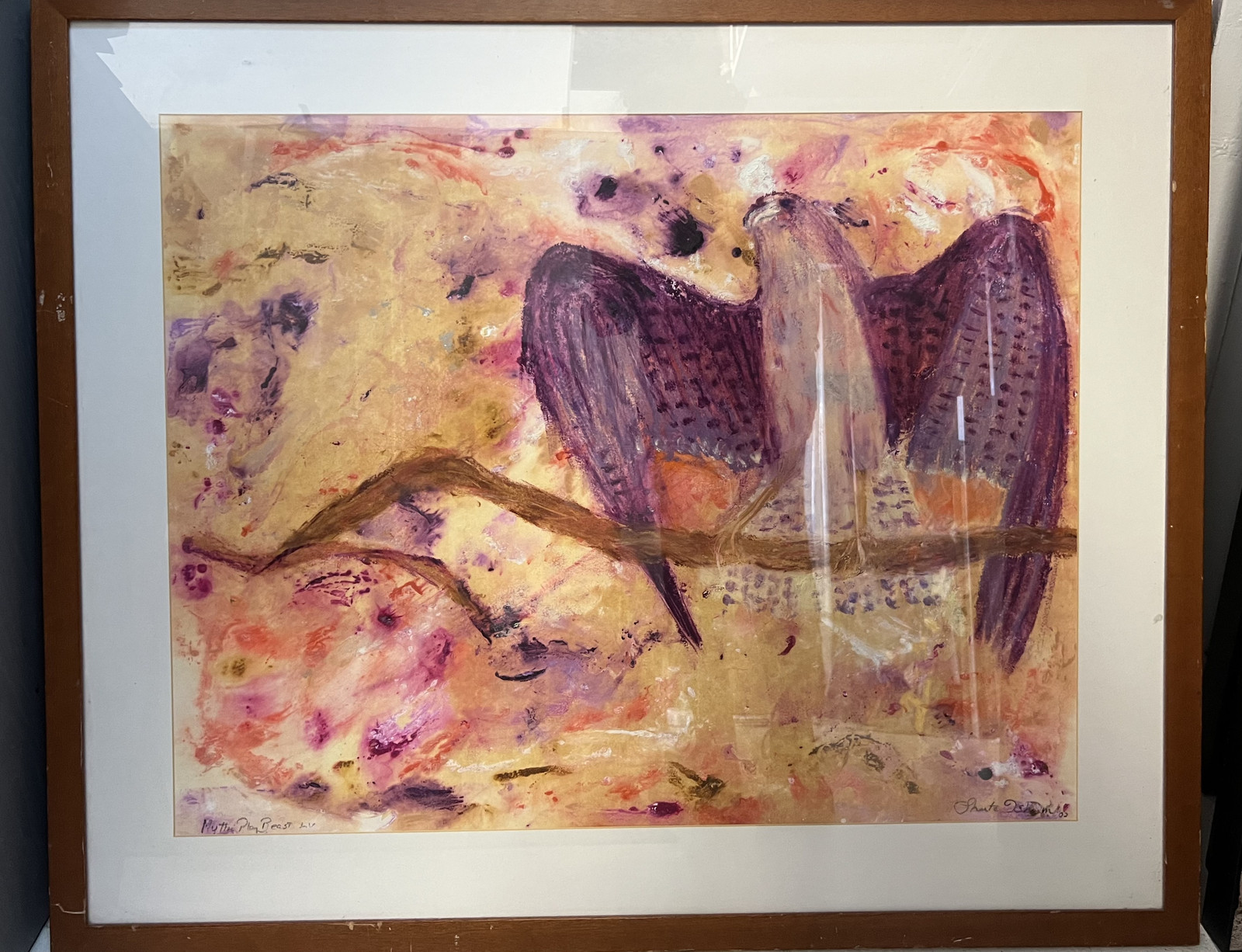 Artwork for sale, bird painting, framed, 32 x 38 inches.