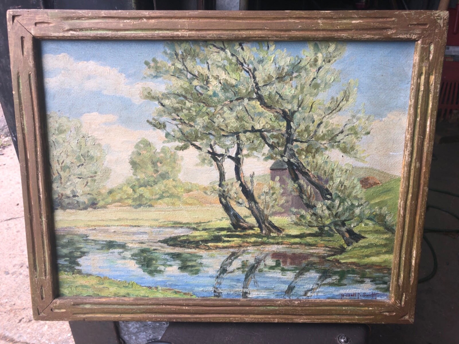 vintage oil on Masonite tonality Bissell P Smith arts craft framed art 18/14”