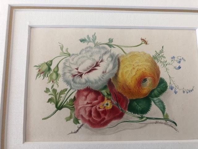 Signed Antique Victorian  Botanical Floral Watercolor Flowers Romantic
