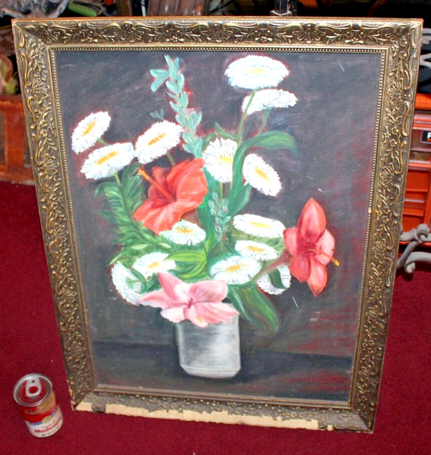 Vintage Flower Oil Painting Shabby Chic Colorful Flowers In Vase Framed