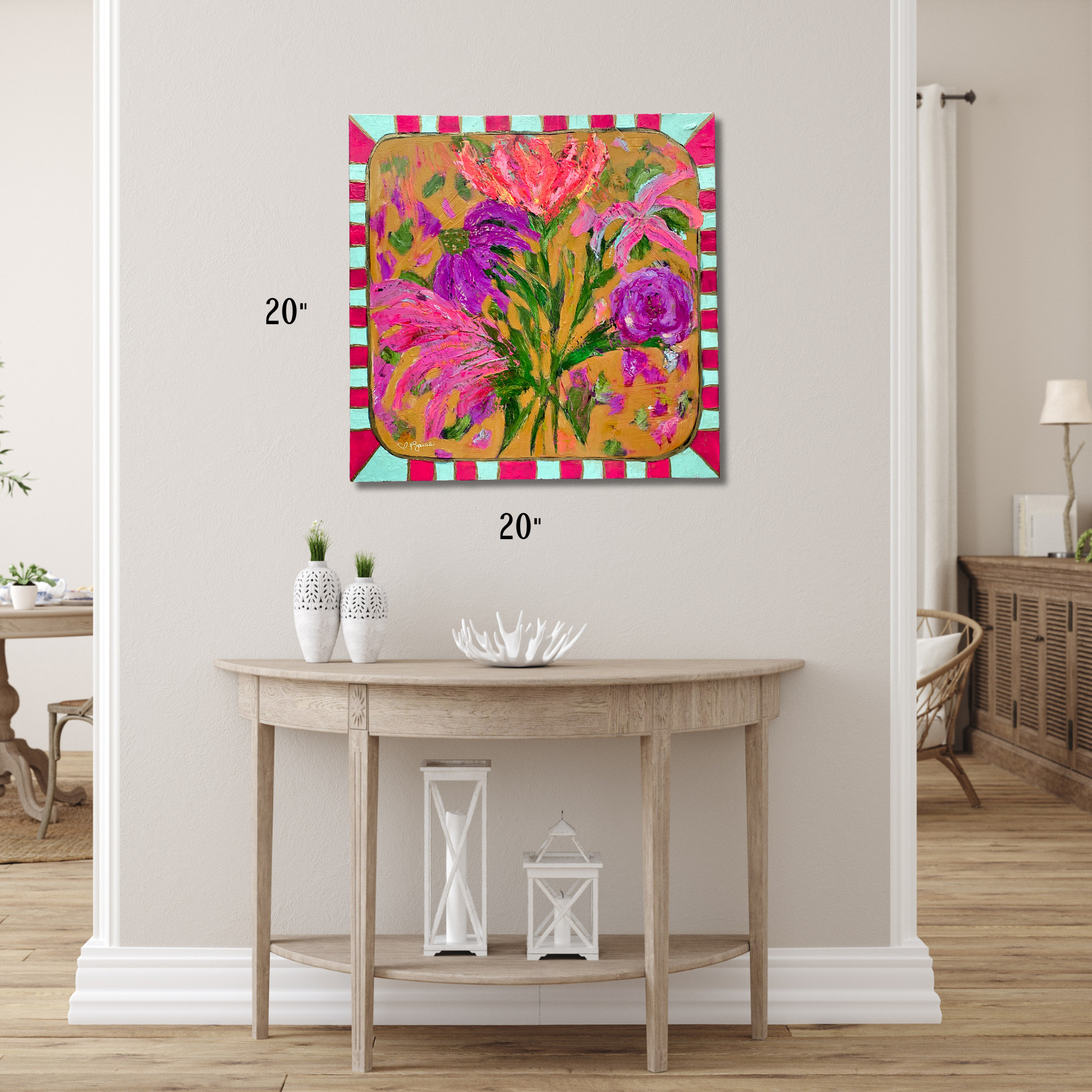 Abstract Floral «Candy Rose» 20×20 Expressionism Botanical Acrylic Canvas Signed