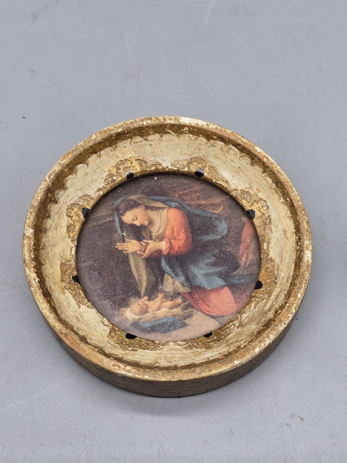Unique Miniature Framed Art Round Small Italy Mother Mary 3″
