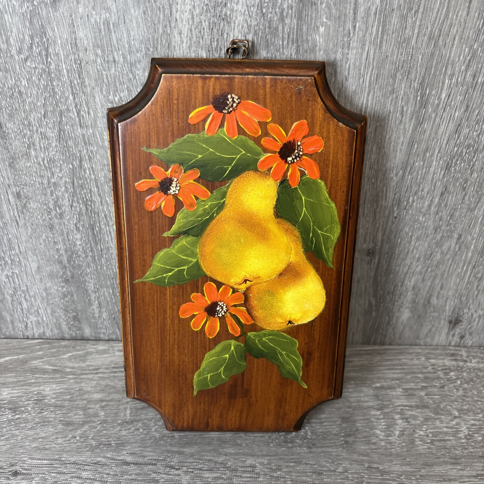 Vintage Wooden Wall Plaque Fruit Pears Hand Painted Art MCM Decor 9” Hanging