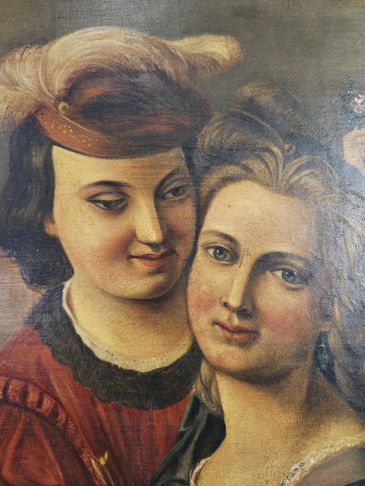 Vintage European Oil Painting Romantic Couple Ornate Gold Frame Velvet Mat 27×24