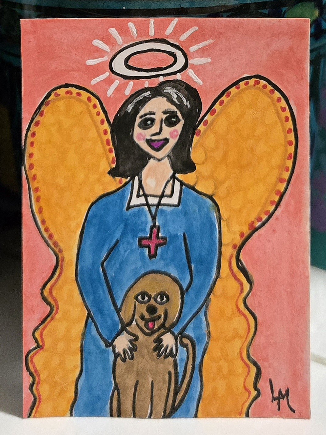 ACEO Original Painting Folk Angel Dog OOAK ATC Mini By Backyard Jungle Art