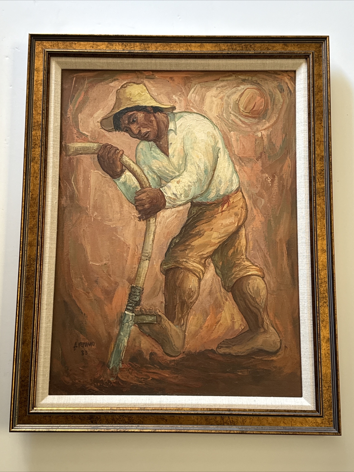 FARM WORKER PAINTING VINTAGE MODERNIST SIGNED LISTED ARTIST OIL 19 INCHES