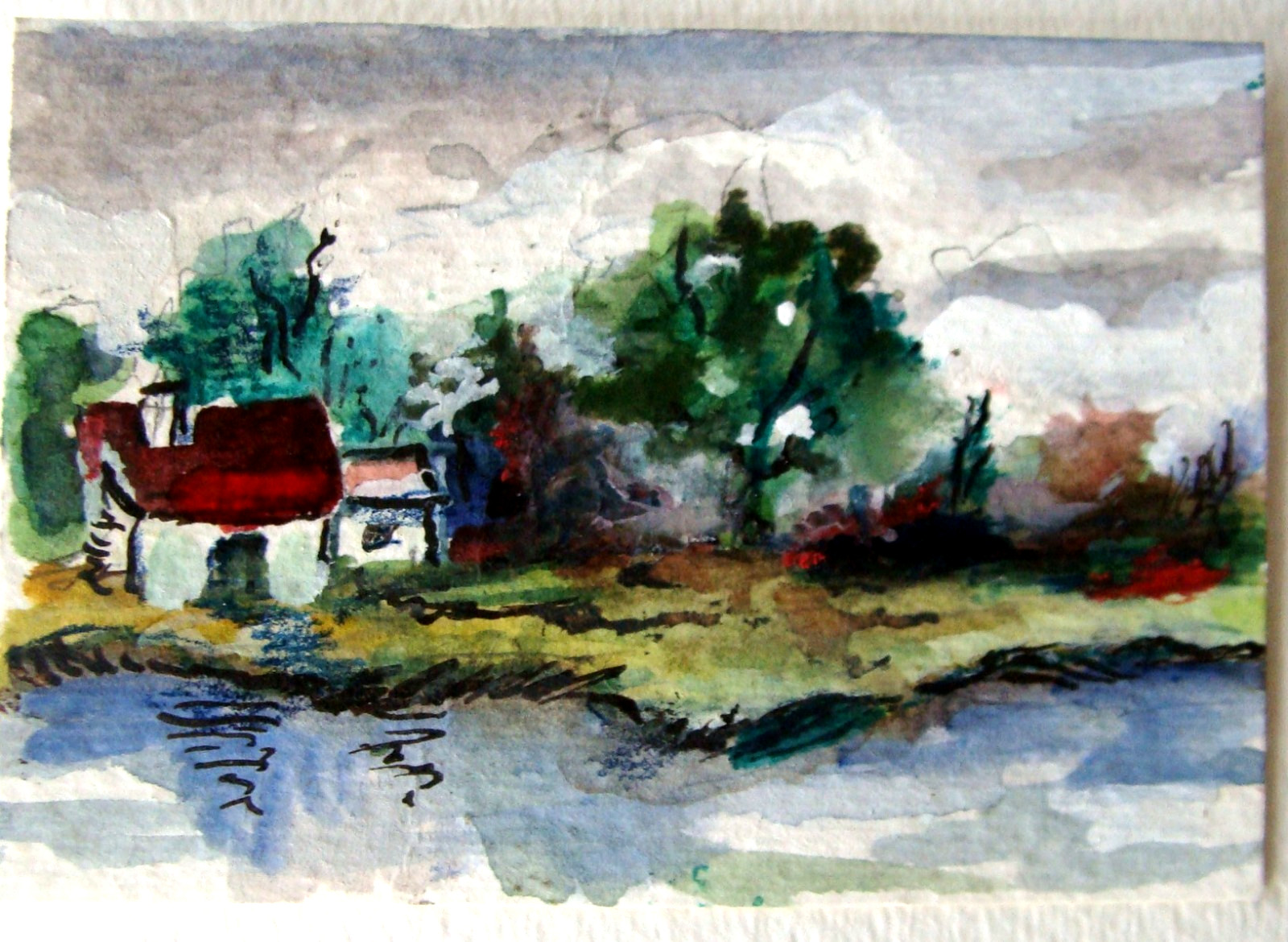 Original watercolor / ink painting on paper Lakeside cottage ACEO art Tarrantts